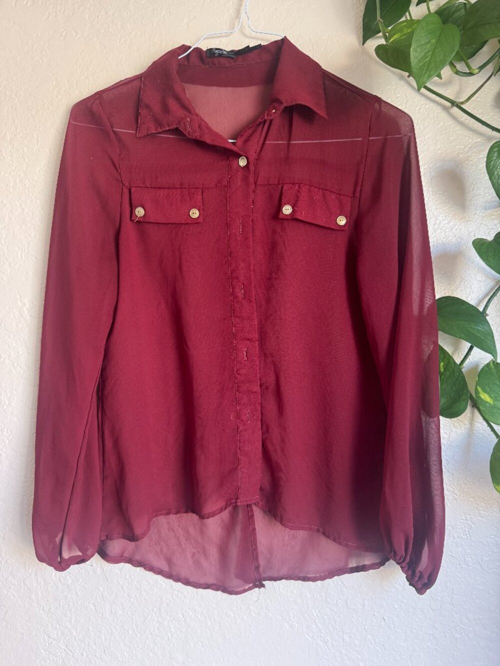 Poetry Burgundy Sheer Button Front Blouse Women’s Size Small Long Sleeve Chiffon